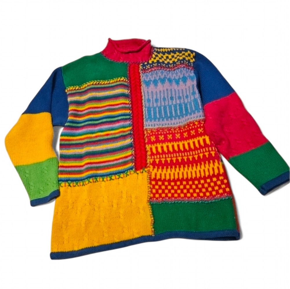90s Colorful Bright Liz wear sweater Tunic Mock Neck Chunky Slouchy Oversized